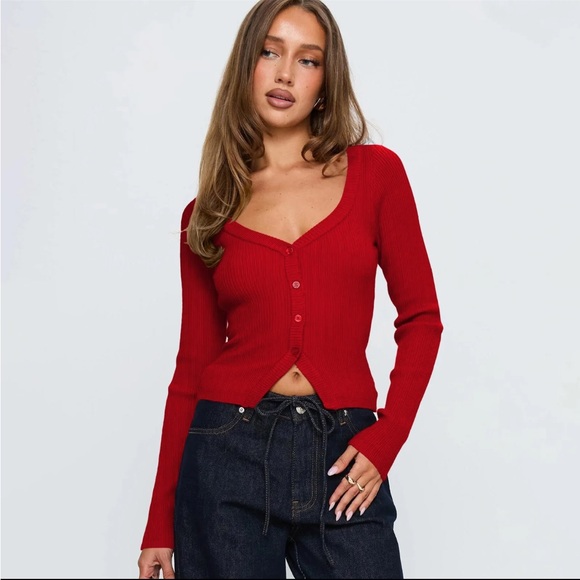 Red Ribbed Button-Up Cardigan - Picture 2 of 4